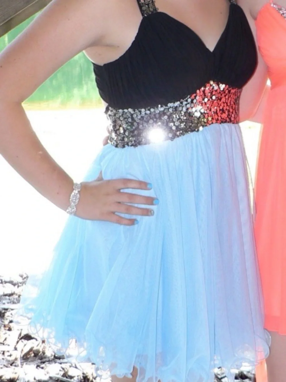 Blondie Nites Black and Light Blue Sequin Bodice Dress